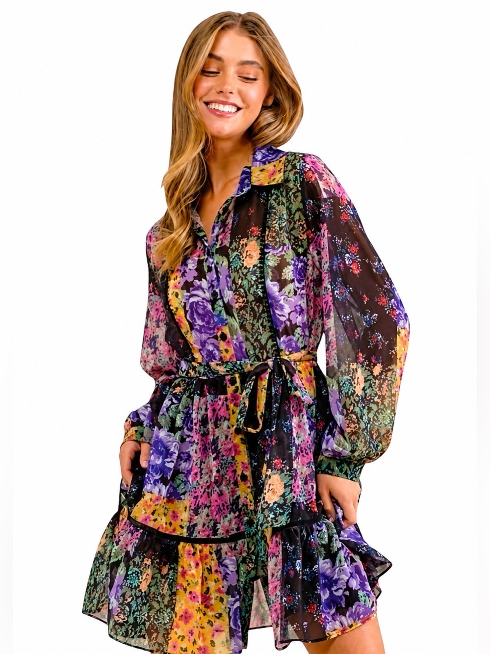 Zara Amelie Floral Patchwork Button Front Dress Boho L